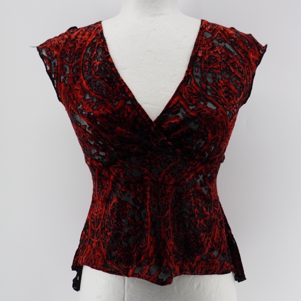 Vintage Forever 21 Red Burnout Velvet Damask Peplum Top V-Neck High Low Small